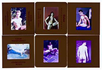 (MALE PHYSIQUE MODELS) A group of approximately 240 35mm color slides depicting male models in casual, studio, and outdoor settings.
